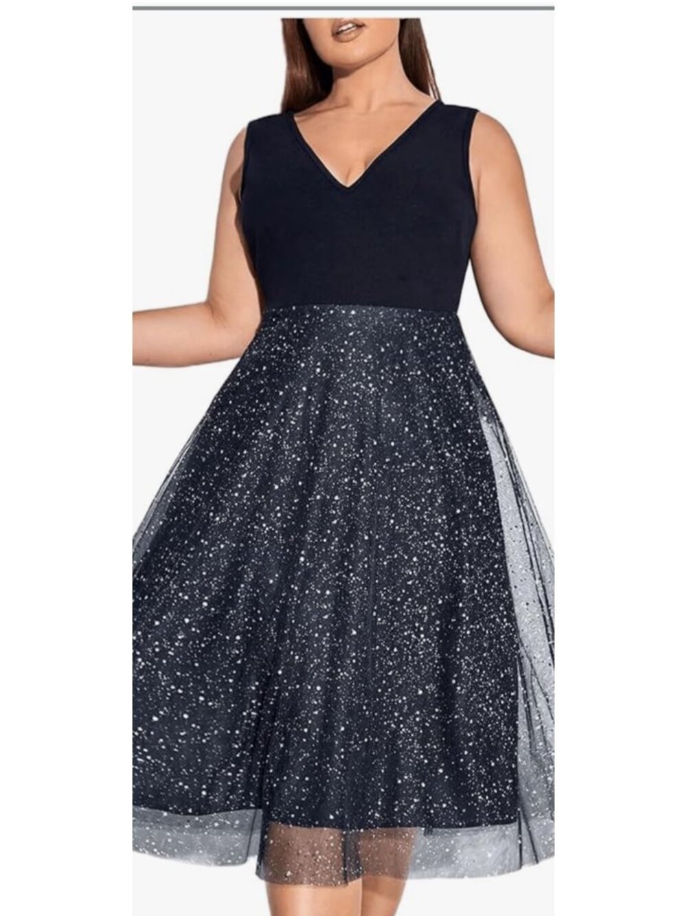 Plus size 0X Black Glitter Tulle Sleeveless V-Neck Dress Flowy A-Line Skirt
